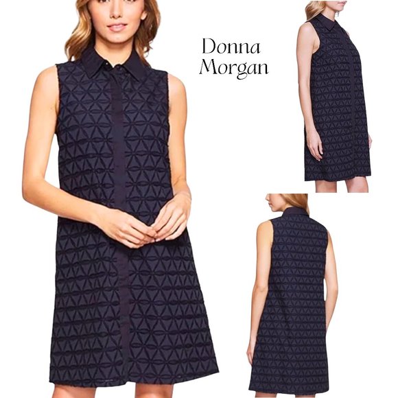 DONNA MORGAN NAVY GEO BURNOUT SHIRT DRESS TAILORED SHIFT DRESS, TRIANGLE MOTIF 8 - Picture 1 of 3